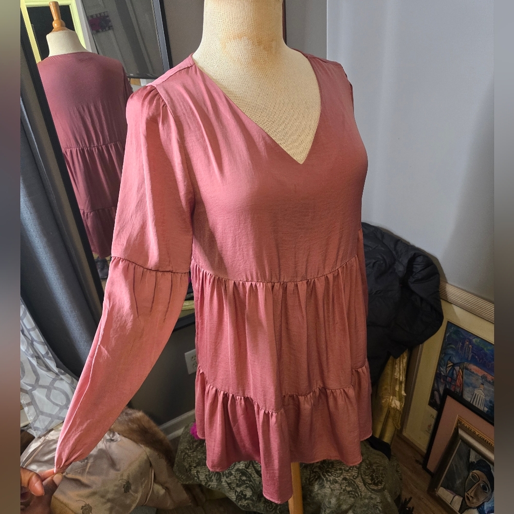 Cynthia Rowley Boho Dusty Rose Tiered V-Neck Long-Sleeve Dress - Picture 4 of 7